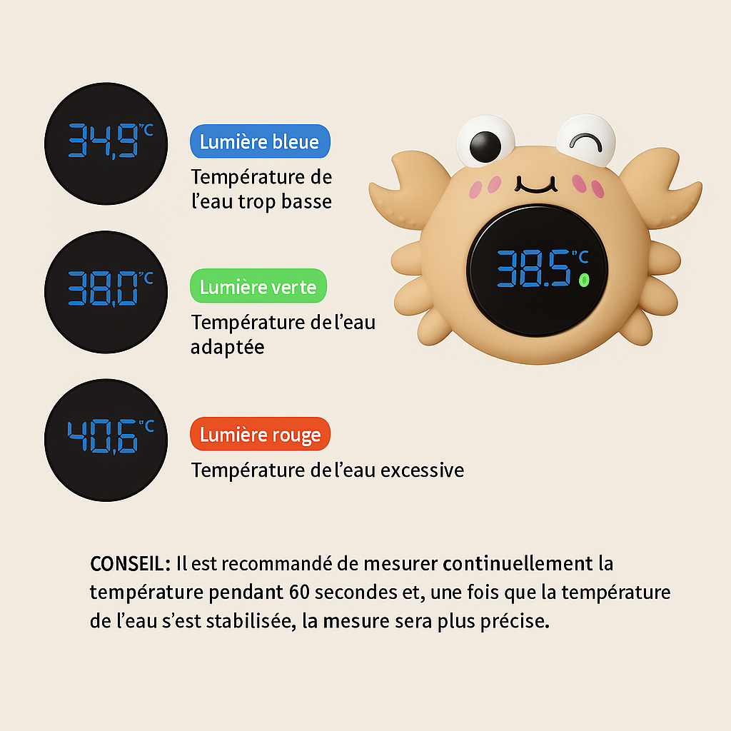 Thermomètre de Bain Bébé Digital Crabe – Écran LED, Alerte Température, Jouet Flottant Sécurisé