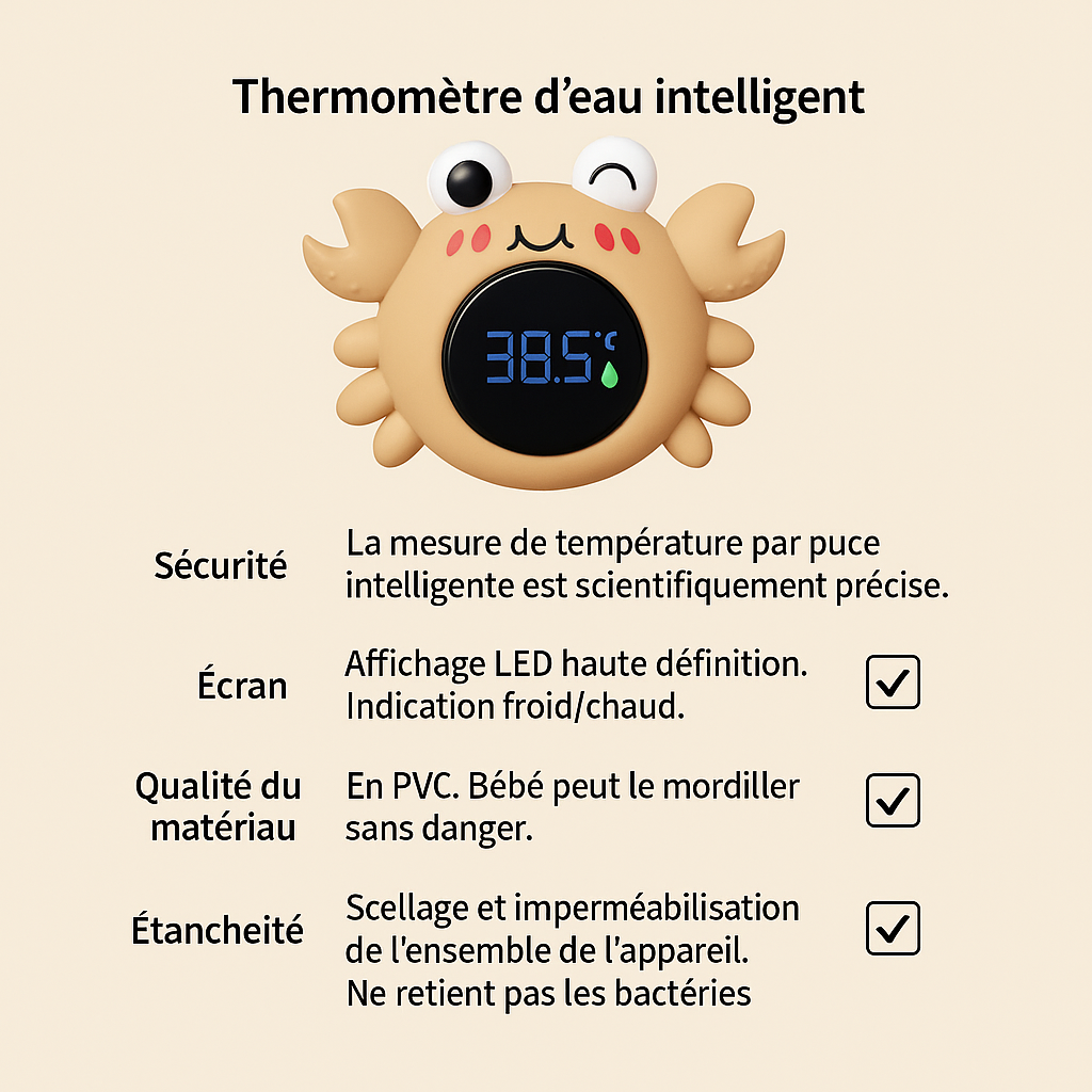 Thermomètre de Bain Bébé Digital Crabe – Écran LED, Alerte Température, Jouet Flottant Sécurisé